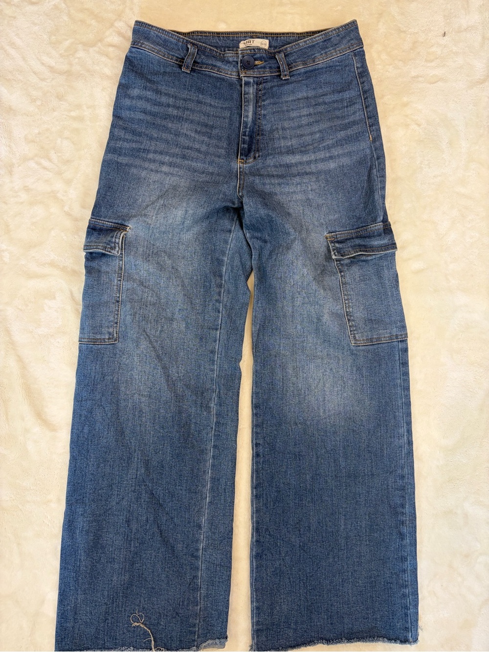 OAT New York Wide Leg Cargo Jeans 10/30 Y2K Blue Denim Raw Hem